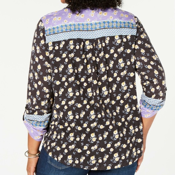 Style & Co Mixed Floral Print Ladder Button Top - Picture 7 of 8